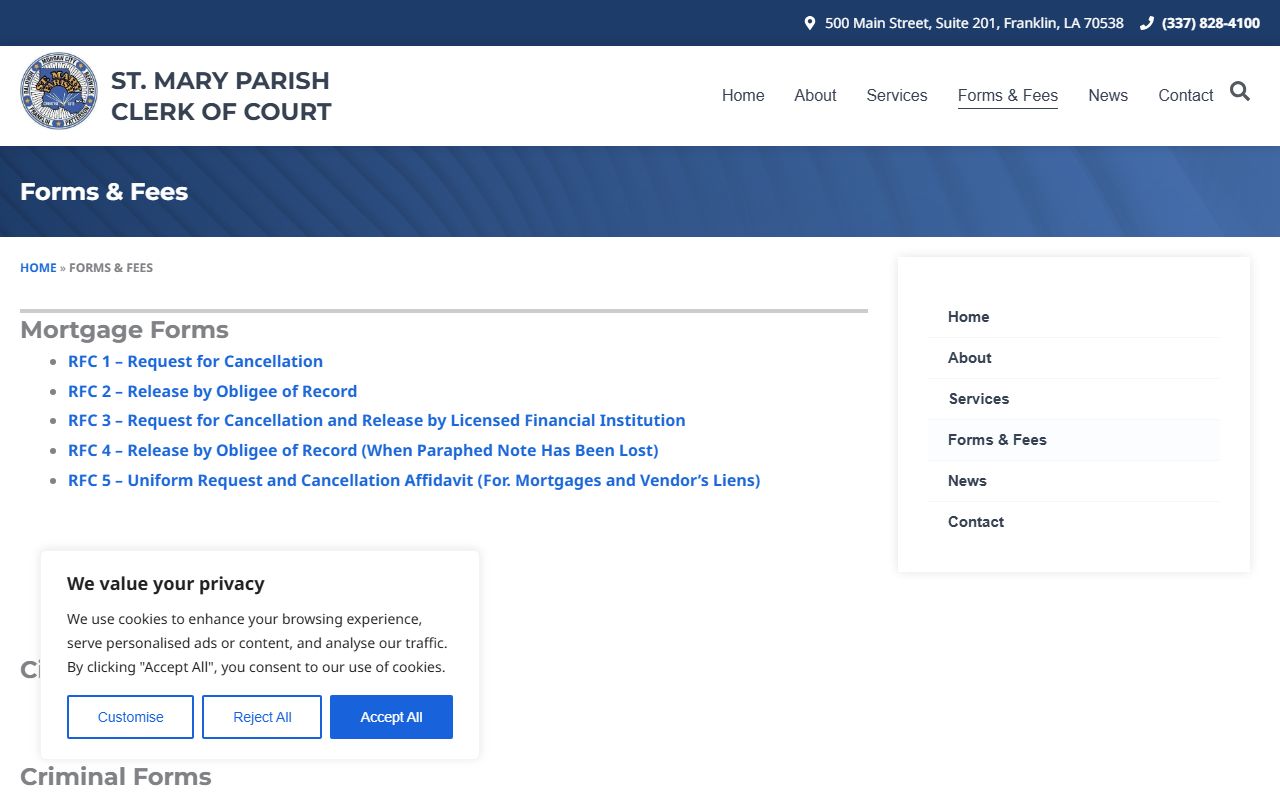 St. Mary Parish Clerk of Court forms and fees page