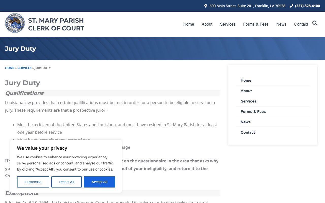 St. Mary Parish Clerk of Court jury duty instructions
