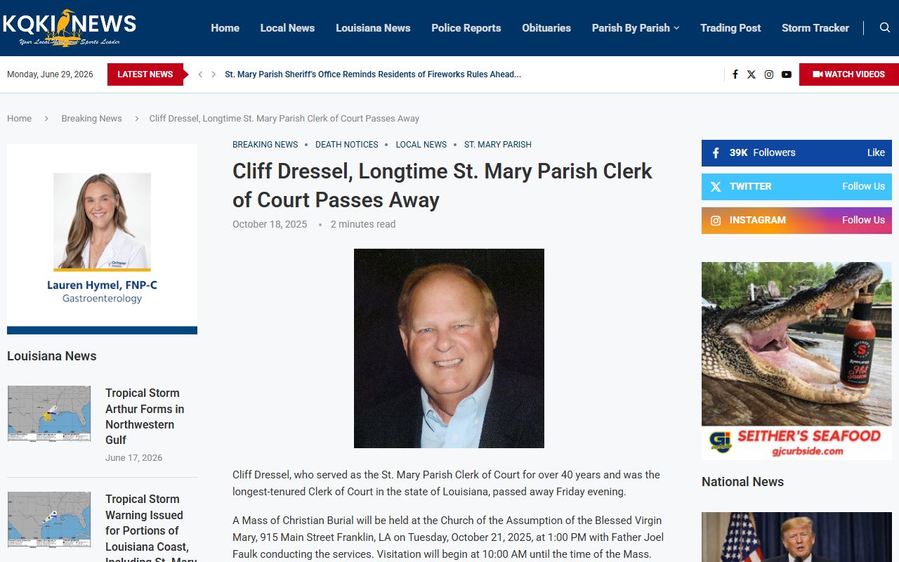 St. Mary Parish Clerk of Court former Clerk Cliff Dressel history