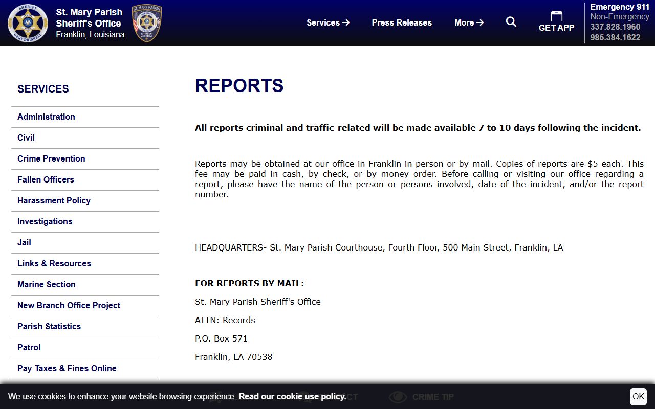 St. Mary Parish arrest records and Sheriff report request page