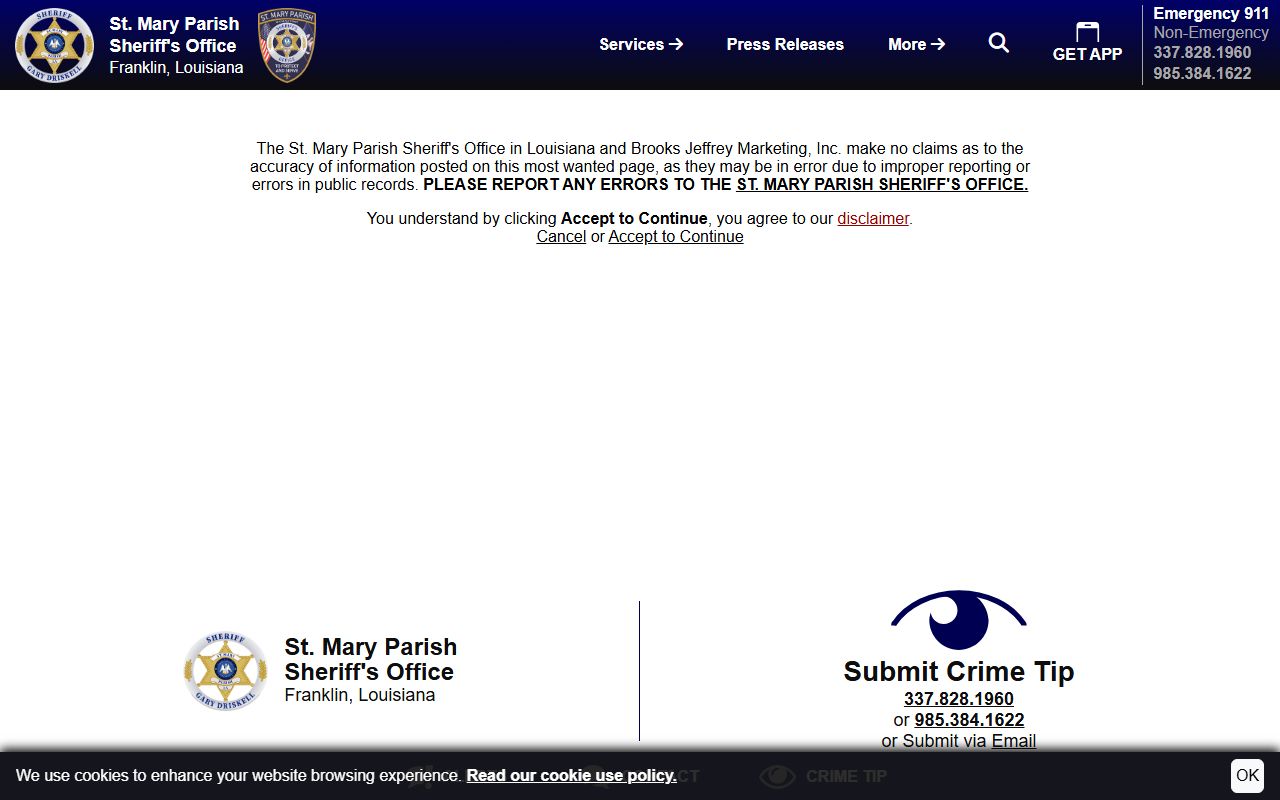 St. Mary Parish arrest records and most wanted disclaimer