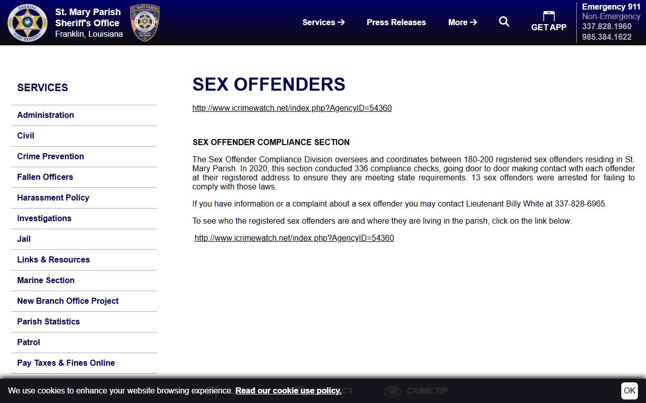 St. Mary Parish arrest records and Sheriff sex offender registry page