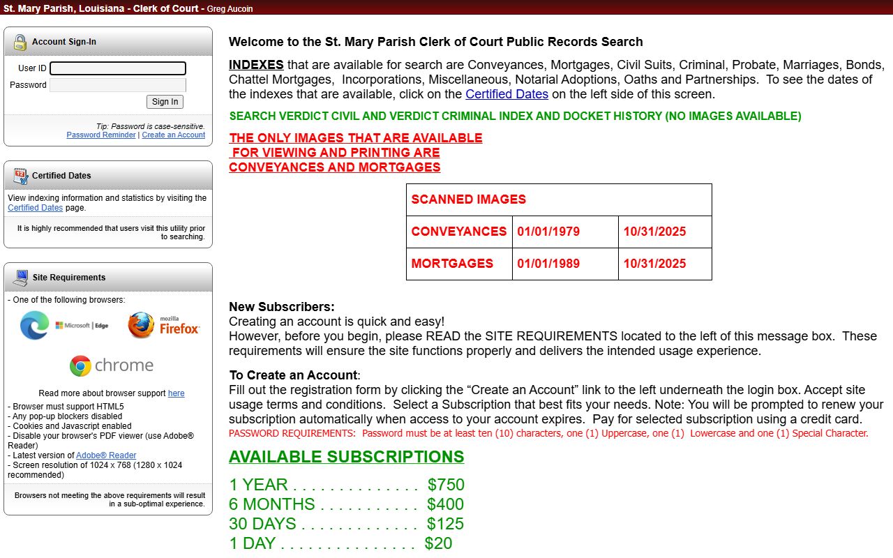 St. Mary Parish court records eSearch login and index coverage