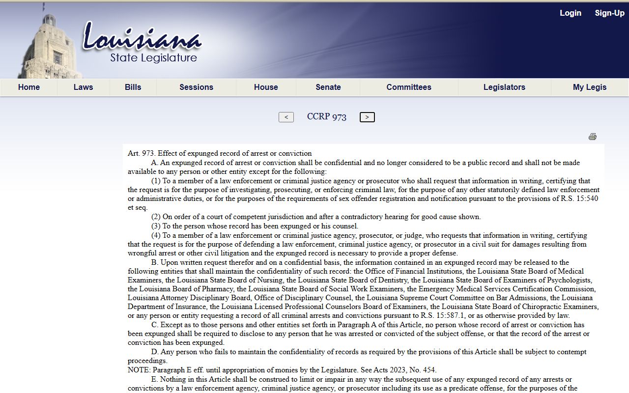 St. Mary Parish criminal court records Louisiana expunged record confidentiality statute