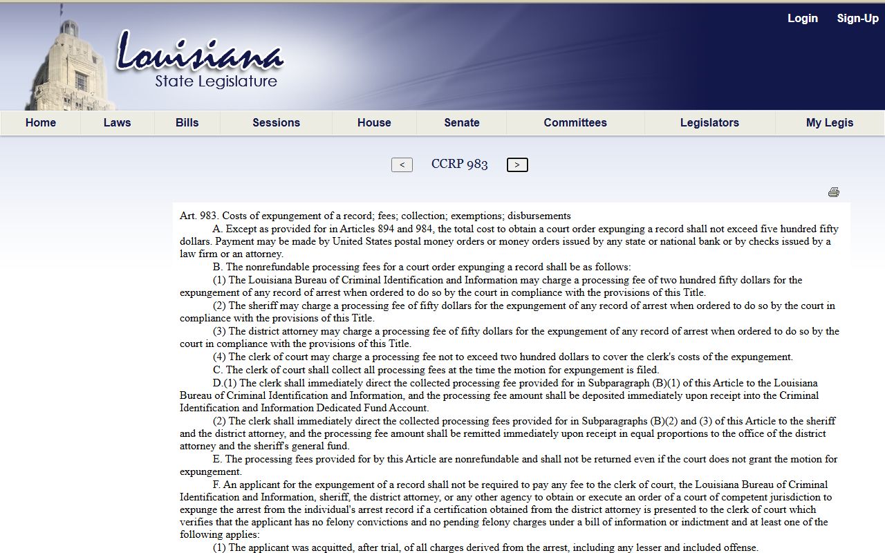 St. Mary Parish criminal court records Louisiana expungement costs statute