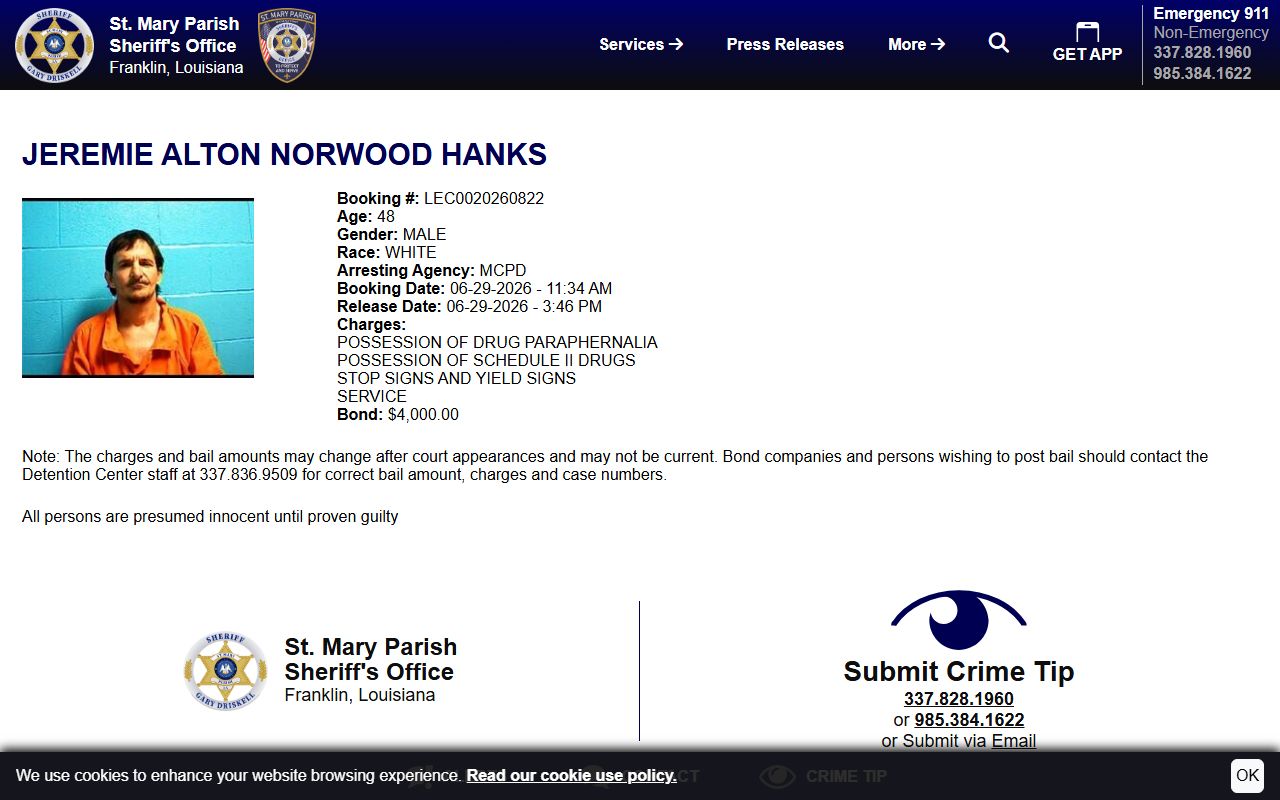 St. Mary Parish inmate search sample inmate profile