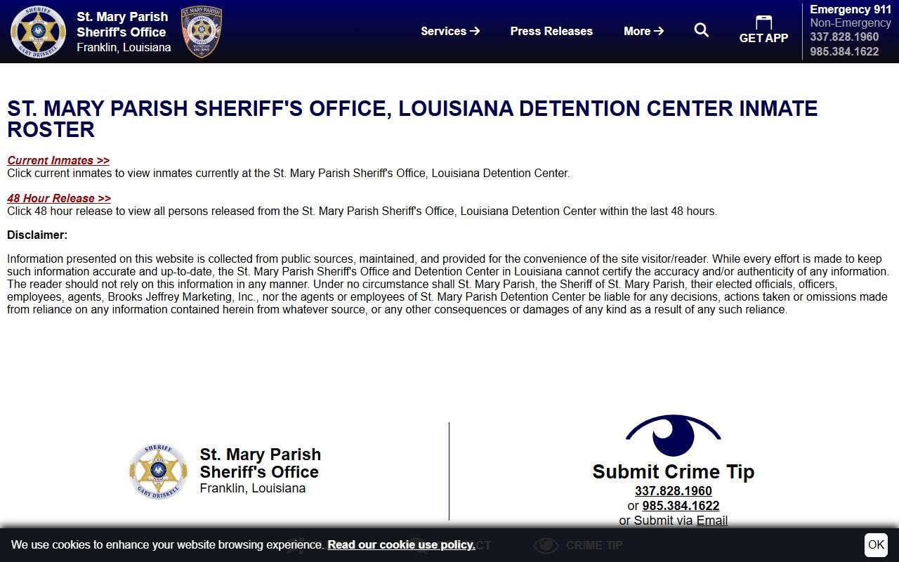 St. Mary Parish inmate search roster disclaimer