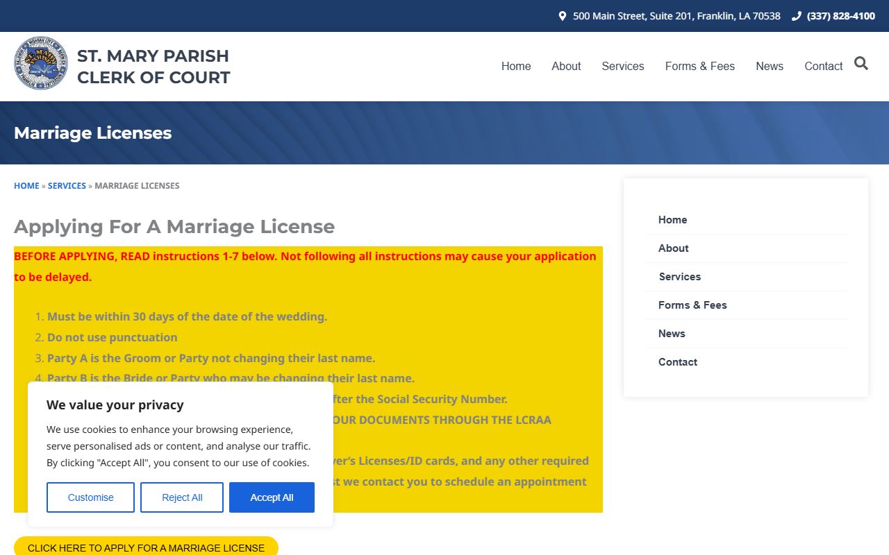 St. Mary Parish marriage records Clerk license instructions