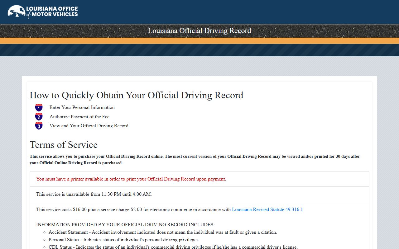 St. Mary Parish traffic court records and Louisiana official driving record purchase page