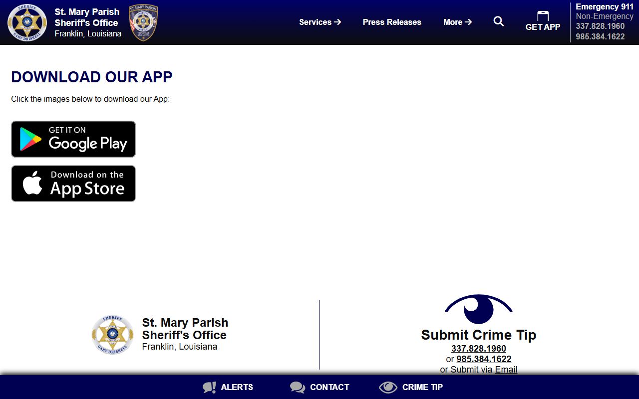 St. Mary Parish warrant search and Sheriff mobile app download page
